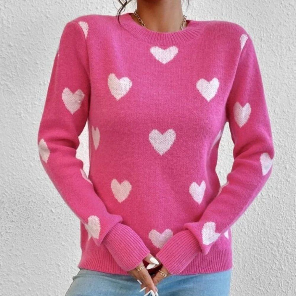Heart Print Long sleeve Knit Sweater Top pink - Picture 1 of 6
